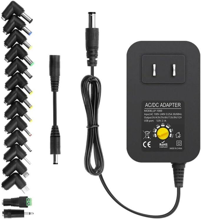 Universal 30 W Adjustable AC to DC Power Adapter – Multi-Voltage Switching Power Supply with 15 Interchangeable Tips and Polarity Converter for Optimal Device Compatibility – Ideal for LED Strips and Small Electronics – Global Input Voltage 100-240 V for Travel Convenience and Enhanced Efficiency