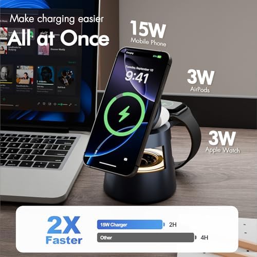 5-in-1 Mag Safe Wireless Charging Station with Bluetooth Speaker & Night Light – Fast Charging Hub for i Phone 16/15/14/13/12 Pro Max, Apple Watch Ultra, and Air Pods – Portable Travel-Friendly Design with Adjustable Warm Light and Enhanced Safety Features