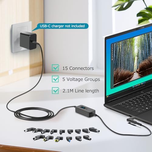 Advanced Multi-Voltage USB-C to DC Charging Adapter with 15 Connector Options and Real-Time LED Voltage Display – Safe and Versatile Power Solution for Laptops, Tablets, Cameras, and More – Supports 36 W to 100 W Outputs for Maximum Compatibility Across Devices from Dell, Lenovo, HP, ASUS, and More – Ideal for Home, Office, and Travel with 1.2 m Cable Length and 3-Year Warranty for Peace of Mind