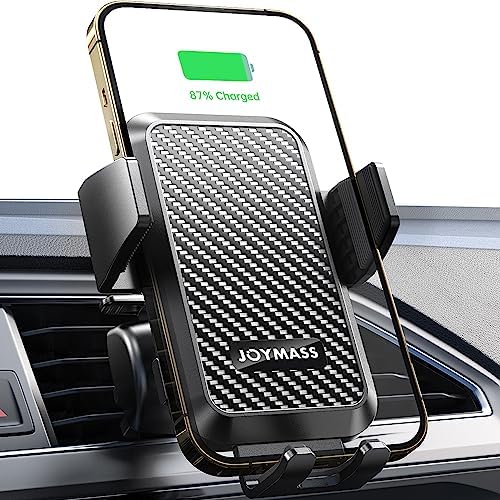 Effortless On-the-Go Power: JOYMASS 15 W Fast Wireless Car Charger with Auto Clamping Mount – Perfect for i Phone 15 through 12 Mini, Samsung Galaxy S23 Ultra, and Note 20 – Secure Vent Holder for Ultimate Convenience and Hands-Free Navigation