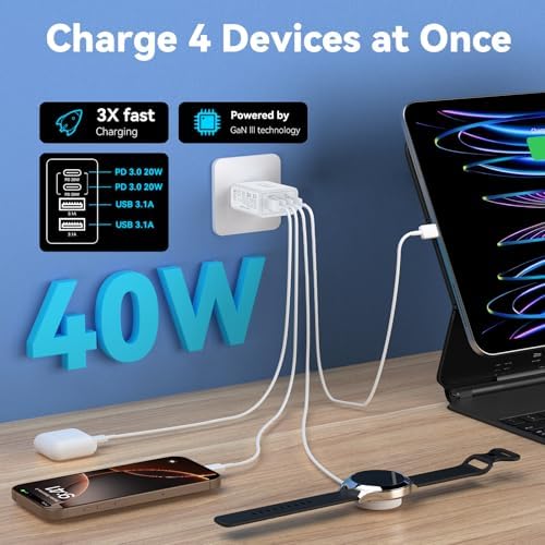 40 W USB C Charger Block – Dual Pack of 4-Port Fast Charging Power Bricks with PD & QC 3.0 Technology for i Phone 16/15/14/13/12/11 Pro Max, i Pad, Galaxy, Pixel – Sleek White & Blue Design for Convenient Multi-Device Charging