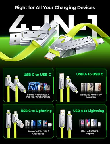 SHEZI 4-in-1 USB C Charging Cable | 240 W Fast Charging Solution for i Phone 16/15 & More | 5 FT Durable Flat Silicone Cord with Lightning, USB-C, USB-A Connectors | Versatile Multi-Device Charger for Home, Office & Travel | Enhanced Compatibility & Speed