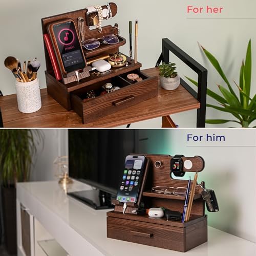 TESLYAR Wood Phone Docking Station with Drawer – Nightstand Organizer – Desk Organizer for Husband – Birthday Gifts for Men, Dad, Anniversary Idea, Key Holder Stand Watch & Accessories (Bourbon Brown) – Enhanced Compatibility and Speed