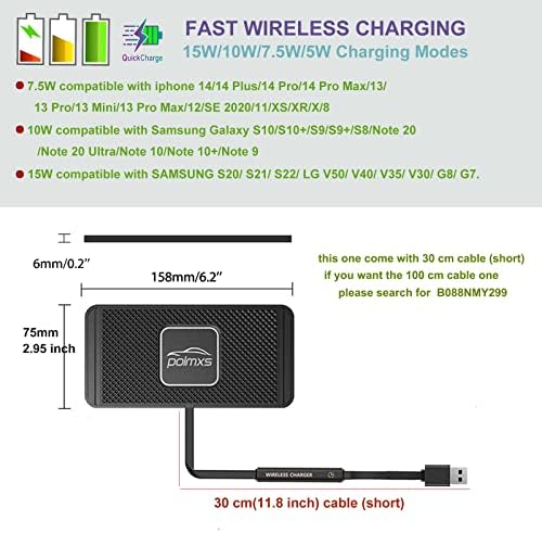 POLMXS 15 W Fast Wireless Car Charger Pad – Non-Slip Charging Mat for i Phone 11/12/14/15 & Galaxy S21/S22/S23/S24 – Essential Accessory for Seamless On-the-Go Power-Up – Includes 30 cm Cable – Durable & Efficient Design