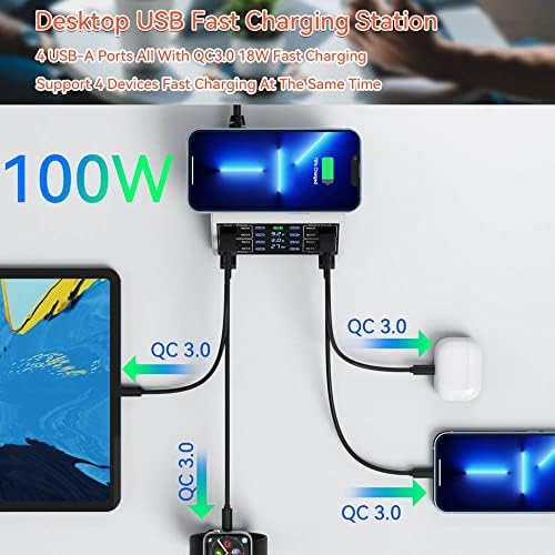 ASOMETECH 100 W 8-Port USB Charging Station with Quick Charge 3.0 & USB-C PD – High-Efficiency Wireless Charging Hub Featuring LCD Display for Seamless Multi-Device Power Management – Ideal for i Phone 13, i Pad, Samsung, and More – Smart Power Distribution & Compact Design for Home or Office