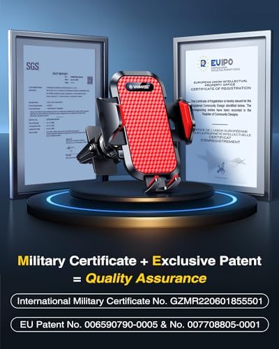 VANMASS Enhanced Car Vent Phone Holder Mount – Universal Smartphone Cradle for i Phone 13 Pro Max, 12, 11, X, XR, XS, 8, 7 Plus, Mini, SE & Android Devices – Secure Handsfree Accessory with Quick Clamp Mechanism and 360-Degree Rotation in Sleek Red Finish for Ultimate Driving Convenience