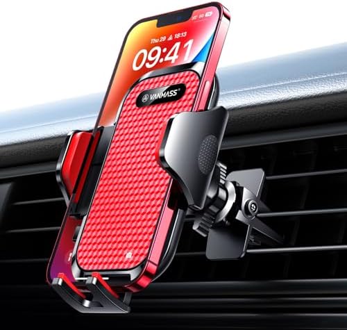 VANMASS Enhanced Car Vent Phone Holder Mount – Universal Smartphone Cradle for i Phone 13 Pro Max, 12, 11, X, XR, XS, 8, 7 Plus, Mini, SE & Android Devices – Secure Handsfree Accessory with Quick Clamp Mechanism and 360-Degree Rotation in Sleek Red Finish for Ultimate Driving Convenience