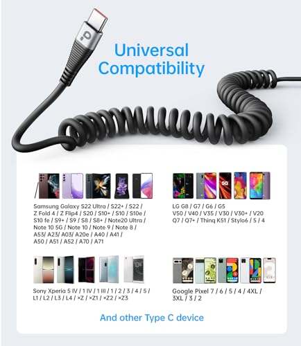 USB C to C 100W 3ft, 2Pack Coiled USB C Charger Cable for Car, Short Type C USBC Fast Charging Cable for iPhone 16/15/Pro/Plus/Pro Max/Samsung Galaxy S23, Compatible All Type C Devices – Enhanced Compatibility and Speed