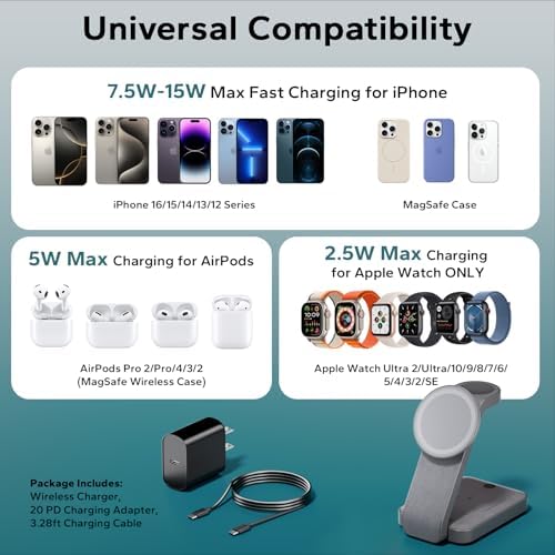 Ultimate 3-in-1 Foldable Wireless Charging Station for Mag Safe – Sleek Nightstand Dock for i Phone 16-13 Pro Max, Apple Watch & Air Pods with Integrated Night Light – Travel-Friendly Design for Effortless Charging and Enhanced Compatibility in Gray