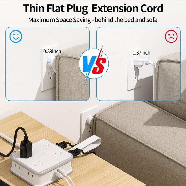 NTONPOWER 8-Outlet Flat Plug Power Strip with 45 W USB-C Fast Charging Port – Compact Multi-Device Extender with 5 ft Cord, Ideal for Home and Travel, Compatible with i Phone, Mac Book Pro, Tablets, and Samsung – Smart Design for Organized Charging Solutions