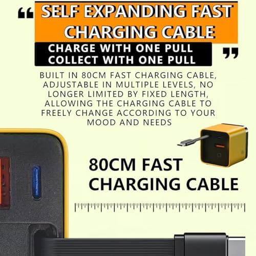 Revolutionary 80 W Ga N 3-in-1 Fast Charger with Retractable Design, Type C Cable & Dual USB Ports – Ultimate Travel Companion for Phones & Laptops in Sleek Yellow Finish – Enhanced Compatibility & Efficiency for Modern Charging Needs
