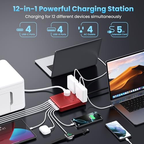 Revolutionize Your Charging Setup with the 12-in-1 USB C Power Strip – 200 W Ga N IV Fast Charger with 4 AC, 4 USB-A, and 4 USB-C Ports, Perfect for Mac Book and i Phone 16/15/14 – 5 ft Cord for Ultimate Flexibility in Home and Office Environments