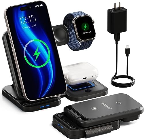 Revolutionary 3-in-1 Wireless Charging Station for Apple & Samsung Devices – Fast, Foldable Dock for i Phone 11-16, Apple Watch Series 3-9, Air Pods Pro & More – Ultimate Convenience & Speed in a Sleek Design for Your Home or Travel Needs