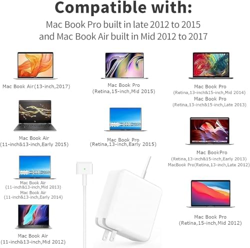 High-Efficiency 45 W Mac Book Pro Charger – Premium Replacement AC Power Adapter with T-Tip Connector for Mac Book Air & Pro (2012-2017) – Rapid Charging, Advanced Safety Mechanisms & Broad Compatibility for 11/13/15/17 Inch Models – Sturdy, User-Centric Design Backed by 1-Year Warranty and Exceptional Customer Support
