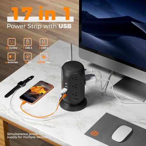TESSAN Tower Power Strip Surge Protector – 12 Outlets with Individual Switches, 5 Fast-Charging USB Ports (2 USB-C), 10 Ft Flat Extension Cord with Discreet Plug Design – Ideal Multi-Device Charging Station for Office and Dorm Use
