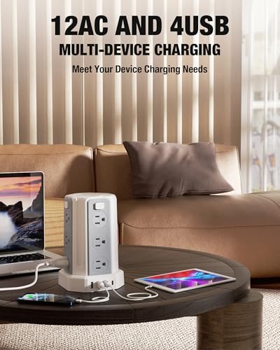 SMALLRT Power Tower Surge Protector – 10 Ft Extension Cord with 12 AC Outlets & 4 USB Ports (1 USB-C) – Ultimate Charging Station for Home & Office – Enhanced Device Compatibility & Safety