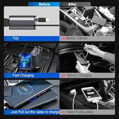 Ultimate 4-in-1 Retractable Car Charger Adapter – 100 W Fast Charge Solution for i Phone 15/14/13 Pro Max, Galaxy & Pixel – Tangle-Free 2.6 ft Cables for Multi-Device Compatibility and Convenient On-the-Go Power