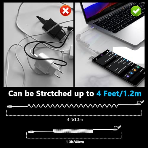 Coiled USB to USB-C and Lightning Cable 2-in-1 – MFi Certified for Apple Car Play & Android Auto, 3 A Fast Charging & Data Sync, Compact Short Cable for i Phone 16/15/14/13/12 & Galaxy – Superior Versatility & Durability in White