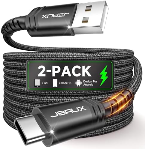 JSAUX 10 ft USB C Cable 2-Pack – High-Speed Charging & Data Transfer for i Phone 16 Series, Samsung Galaxy S20/S10/S9 & Note 20 – Durable Nylon Braided Design for Ultimate Reliability – Perfect for Home, Office & On-the-Go Use – Enhanced Compatibility with USB 3.1 Technology – Sleek Black Finish for Professional Aesthetics
