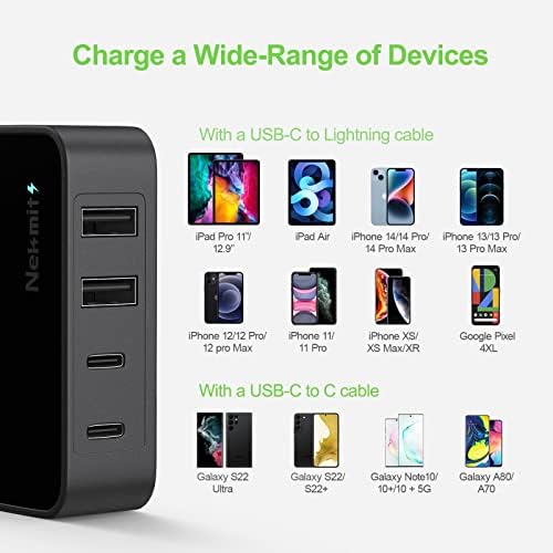 Nekmit 52 W Ultra-Compact 4-Port USB C Fast Charger – Dual 20 W Power Delivery & Dual USB Ports for Rapid Charging of i Phone 13, Galaxy, Pixel, i Pad Pro & More – Sleek Design for Home, Office & Travel Efficiency