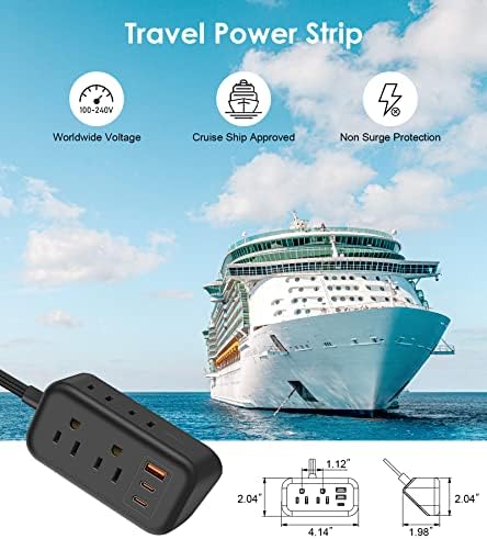 Cruise Ship Power Solutions: 30 W USB C Travel Power Strip with 5 Ft Flat Extension Cord, 4 Outlets & 3 USB Ports (2 USB-C) – Compact, Lightweight Design for Seamless Charging on Cruises and Beyond