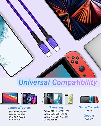 10 ft USB C to USB C Charging Cable – Fast 60 W Power Delivery Braided Cord for Galaxy S23 Ultra, i Phone 15/16, i Pad Pro, Mac Book – Durable, Tangle-Free Design in Purple, Green, Blue, Pink for Maximum Flexibility and Style