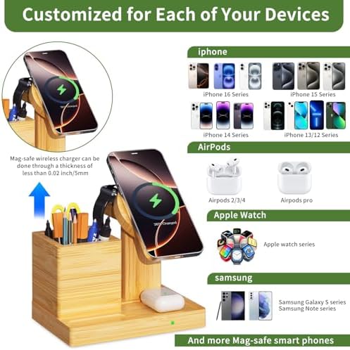 Eco-Friendly 4-in-1 Wireless Charging Dock with Pen Holder – Premium Bamboo Mag Safe Station for i Phone 12-16 Pro, Air Pods & Apple Watch – Fast Charging Solution for Home & Office, Perfect Gift for Tech Enthusiasts