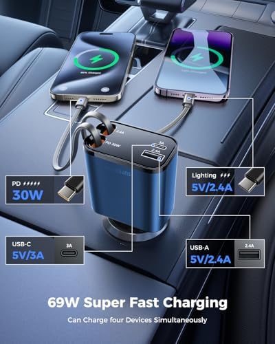 2025 SUPERONE 69 W Retractable Car Charger – Fast Charging Dual-Port Accessory for i Phone 16/15/14/13/12 & Samsung Devices, Tangle-Free Design, Ideal Gift for Men & Women, Essential Car Travel Companion
