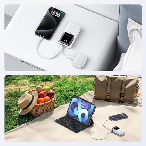 Ultimate 30 W Fast Charging Mini Power Bank for i Phone and Samsung – 10,000 m Ah Portable Charger with Built-In USB-C & Lightning Cables, LED Battery Indicator – Perfect Travel Companion for On-the-Go Charging