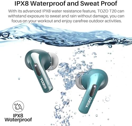 TOZO T20 Wireless Earbuds – Ultimate 48.5 Hour Playtime, IPX8 Waterproof Design for All-Weather Use, Dual Microphone Noise Cancellation for Clear Calls, 10 mm Speakers Delivering Rich Audio, Advanced 2025 Bluetooth Connectivity with Real-Time LED Battery Display