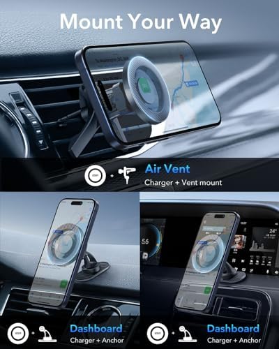 ESR Mag Safe Car Mount – Magnetic Phone Holder for Air Vent & Dashboard, Compatible with i Phone 16/16 e/15/14/13/12, Samsung, and All Smartphones – Includes 2 Metal Rings for Enhanced Stability – Sleek Design for Effortless Driving Experience