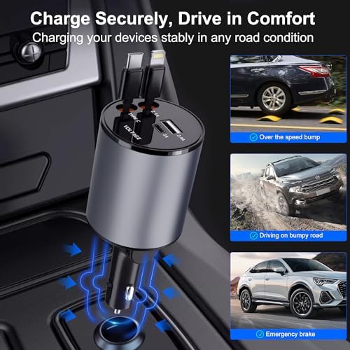 Fast Charge 4-in-1 Retractable USB C Car Charger Adapter – 100 W Power Delivery for i Phone 15 Pro Max, 14, 13, 12 – Tangle-Free Convenience, Enhanced Compatibility, and Safety Features – Ideal for Road Trips and Family Adventures