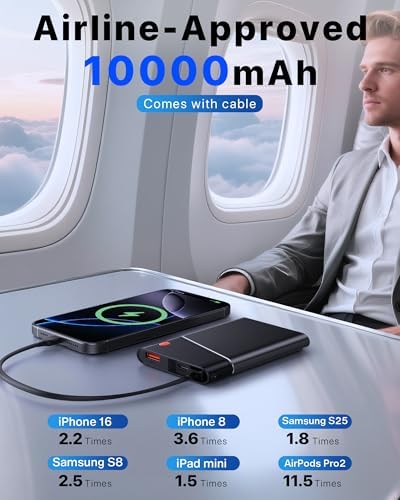 Ultra-Slim 10000 m Ah Power Bank with 22.5 W PD Fast Charging – Built-in USB-C Cable for i Phone 16/15/14, Samsung S24 & More – Lightweight Travel Essential with 15-Layer Safety Protection & Multiple Device Charging Capability
