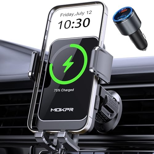 MOKPR Wireless Car Charger – 15 W/10 W/7.5 W Auto-Clamping Cup Holder Phone Mount for i Phone & Samsung – Fast Charging Car Mount with Enhanced Compatibility for Seamless Navigation & Calls – Durable, Convenient, and Safe Charging Solution for Busy Lifestyles