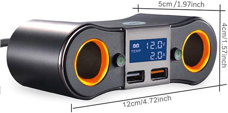 Dual USB Quick Car Charger Adapter with 2 Socket Cigarette Lighter Splitter – LED Voltage Display & Eco-Friendly On/Off Switch for Enhanced Device Charging and i Phone Compatibility