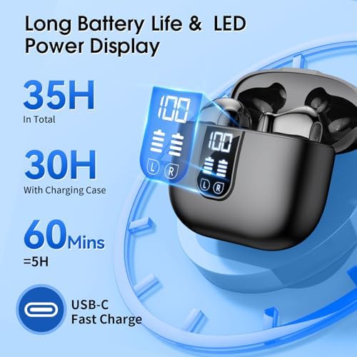 Next-Gen Wireless Earbuds with Bluetooth 5.4 – Premium Hi-Fi Sound, 6-Mic ENC Technology for Crystal-Clear Calls, 35-Hour Battery Life, IPX7 Waterproof Design, LED Battery Indicator, Ideal for Android & i OS Users