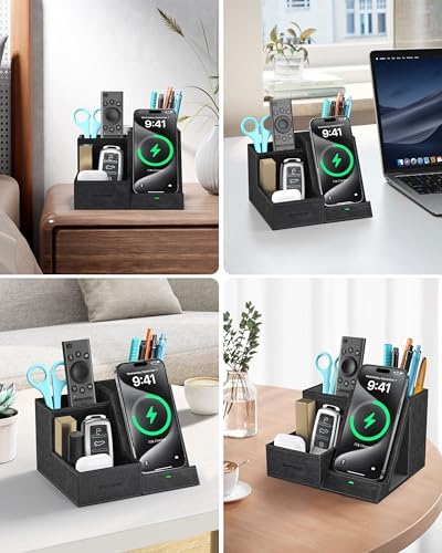 Elevate Your Workspace: Multifunctional Wireless Charger & Desk Organizer with 3 Compartments and Phone Stand – PU Black – Fast Charging & Stylish Office Essential for Maximum Productivity and Organization