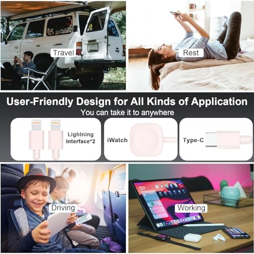 Universal 4-in-2 Travel Charging Cable – 6 FT Versatile Connector for Apple Watch, i Phone, Android Devices, i Pad & Air Pods – Stylish Pink Design for Effortless Portability – Fast Charging & Enhanced Compatibility for All Your Tech Needs – Essential Travel Accessory for Modern Device Users