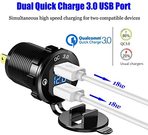 YONHAN 12 V USB Quick Charge 3.0 Dual Charger Socket with Integrated LED Voltmeter – Durable Waterproof Aluminum Adapter for Cars, Trucks, RVs & Marine Use – Rapid On-the-Go Device Charging Solution
