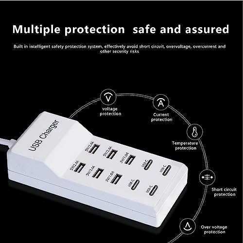 50 W 10-Port USB Charging Hub – High-Speed Multi-Device Power Station with 6 USB-A & 4 USB-C Ports – Ideal for i Phone 15/14/13/12/11, Tablets, and More – Sleek White Design with Enhanced Safety Features for Efficient Home and Office Charging Solutions