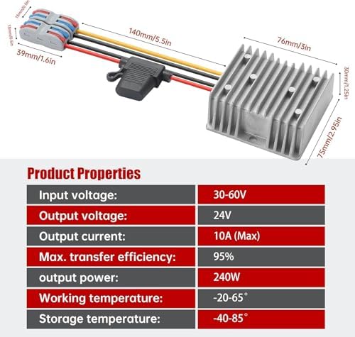 High-Efficiency Waterproof DC/DC Buck Converter: Versatile 20-90 V to 12 V Voltage Regulator for Automotive LED Systems and Heavy-Duty Applications – 20 A Output, 240 W Power Capacity for Reliable Performance in Challenging Environments
