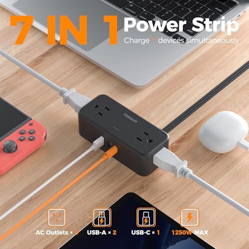 TESSAN 5 FT Flat Plug Extension Cord with 4 AC Outlets, 1 USB-C & 2 USB-A Ports – 900 Joules Surge Protector Power Strip for Home Office & Dorm Room – Maximize Charging Efficiency & Space Savings with Versatile Power Accessory