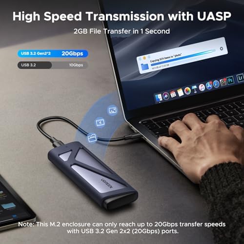 Ultra-Fast UGREEN 20 Gbps M.2 NVMe SATA SSD Enclosure – 8 TB USB C External Adapter for M/B+M Key SSDs | Lightning-Speed Data Transfer with USB 3.2 Gen2 | Perfect for Gamers and Professionals Seeking Optimal Performance and Reliability