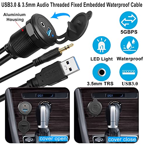 QIANRENON 2 M Waterproof USB3.0 & 3.5 mm Audio Extension Cable – 5 Gbps High-Speed Dashboard Mount for Cars, Boats, and Motorbikes – Durable Aluminum Housing with LED Indicator – Clear Sound & Enhanced Compatibility for All Devices