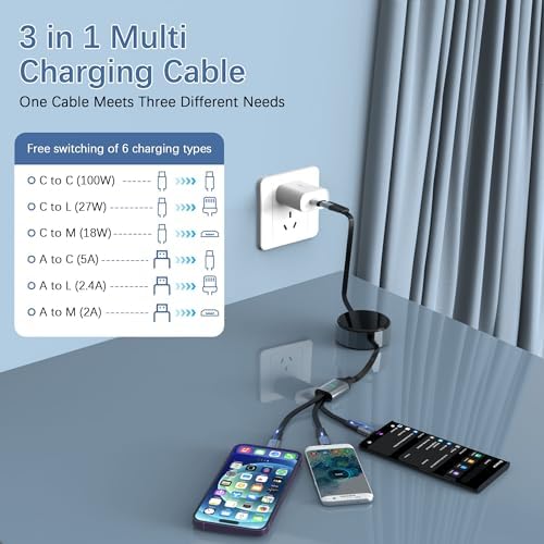 Revolutionary 100 W Retractable Multi-Device Charging Cable: Fast-Powered Type C, Micro USB, & Lightning Connectors for Effortless Charging – Tangle-Free 4 FT Design for i Phone, Galaxy, Android, i Pads & Mac Books – MFi Certified for Optimal Apple Compatibility – Perfect for Travel Enthusiasts & Everyday Use