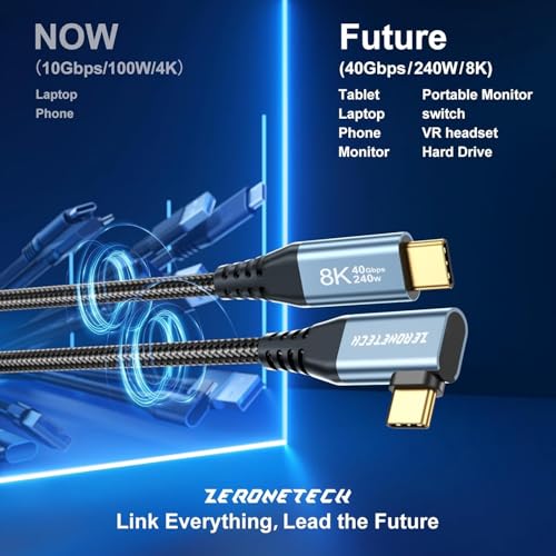 USB C Monitor Cable 8K@60Hz/4K@144Hz, Right Angle Display Video Output, 40Gbps High Speed Data Transfer, USB C 3.2 Gen 2×2, 240W Fast Charge for iPhone 16, MacBook Pro, iPad, Lenovo – 5FT – Enhanced Compatibility and Speed