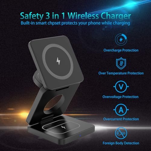 Revolutionary 3-in-1 Foldable Wireless Charging Station for Apple Devices – Ultimate i Phone 15, 14 Pro Max, 13, 12, Apple Watch 9-3, and Air Pods Pro Compatibility in a Compact Design (Black) – Streamlined Charging Efficiency and Portability for Tech Enthusiasts
