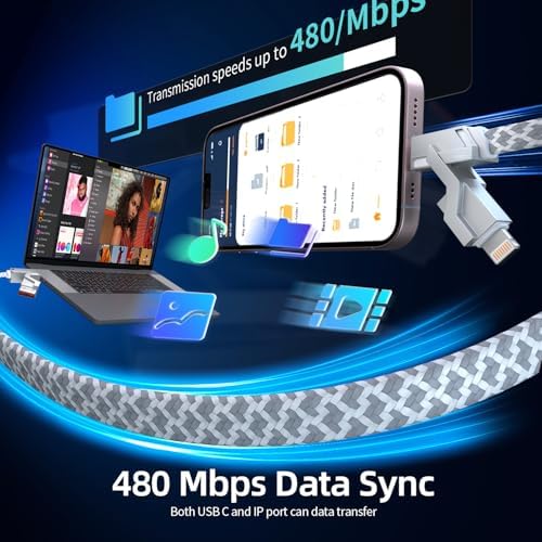 Ultimate 4-in-1 Fast Charging Cable – 65 W Multi-Device Charger with E-Mark Chip for i Phone 16/15/14/13, i Pad, and Laptops – High-Speed USB-C/Lightning Connectivity for Enhanced Performance and Versatility