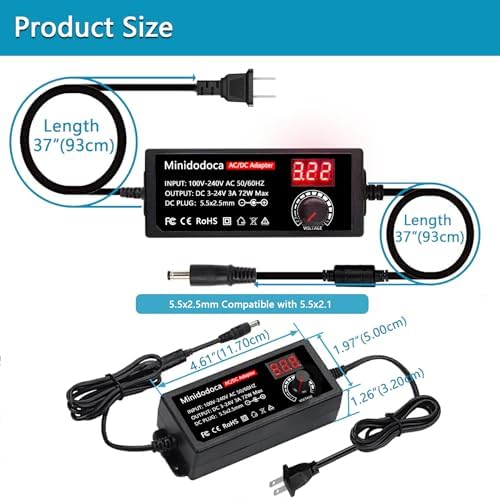 Universal 72 W Adjustable AC to DC Power Supply Adapter – Versatile 3 V to 36 V Converter with LED Voltage Display & 16 Interchangeable Tips for Efficient Household Electronics Charging – Ideal for Hobbyists and Professionals Seeking Optimal Performance and Portability