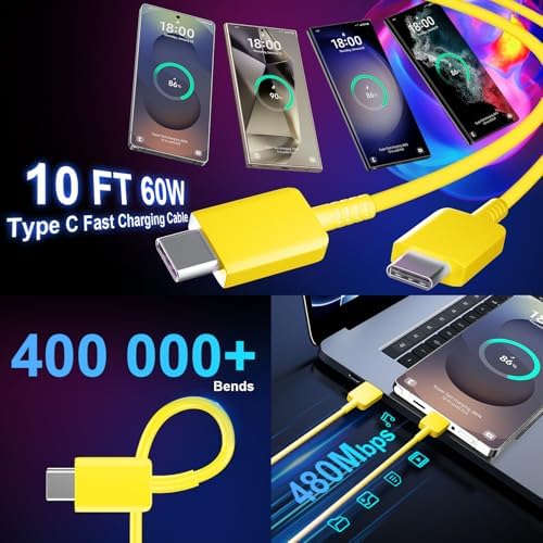 Ultimate 10 FT USB C Fast Charging Cable & 25 W Samsung Super Fast Charger Block for Galaxy S24/S23/S22 Series – Enhanced Durability & Vibrant Yellow Design for Rapid Power Boosts